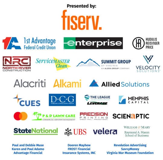 Graphic is a list of the 2026 Pickleball Tournament sponsors: Presented by Fiserv, Enterprise, Kudulis Reisinger Price, North River Construction, Servicemaster Clean, Summit Group, Velocity, Alacriti, Allied Solutions, Darling Consulting Group, The League of Credit Unions & Affiliates/Leverage, Memphis Capital, P&D Lawn Care, Precision Printing, UBS, Velera, William & Mary Raymond A. Mason School of Business, Paul and Debbie Muse, Karen and Paul Adamo, and Chelsea Nealey. 