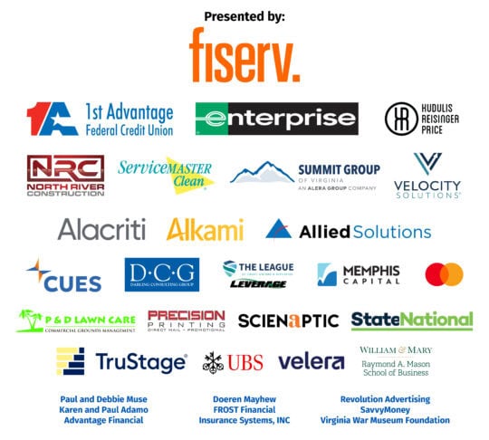 Graphic is a list of the 2026 Pickleball Tournament sponsors: Presented by Fiserv, Enterprise, Kudulis Reisinger Price, North River Construction, Servicemaster Clean, Summit Group, Velocity, Alacriti, Allied Solutions, Darling Consulting Group, The League of Credit Unions & Affiliates/Leverage, Memphis Capital, P&D Lawn Care, Precision Printing, UBS, Velera, William & Mary Raymond A. Mason School of Business, Paul and Debbie Muse, Karen and Paul Adamo, and Chelsea Nealey. 