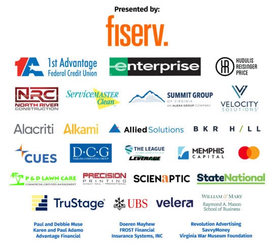 Graphic is a list of the 2026 Pickleball Tournament sponsors: Presented by Fiserv, Enterprise, Kudulis Reisinger Price, North River Construction, Servicemaster Clean, Summit Group, Velocity, Alacriti, Allied Solutions, Darling Consulting Group, The League of Credit Unions & Affiliates/Leverage, Memphis Capital, P&D Lawn Care, Precision Printing, UBS, Velera, William & Mary Raymond A. Mason School of Business, Paul and Debbie Muse, Karen and Paul Adamo, and Chelsea Nealey. 