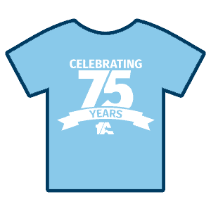 Image of a light blue t-shirt with our Celebrating 75 Years logo on it.